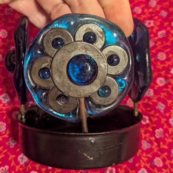 MCM Votive Candle Glass Metal Vintage Floral Holder Hippie Groovy Boho Blue - Picture 3 of 8